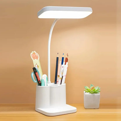 Adjustable LED desktop light with touch, eye protection, 3 color temperature modes, pen holder, USB rechargeable, for reading