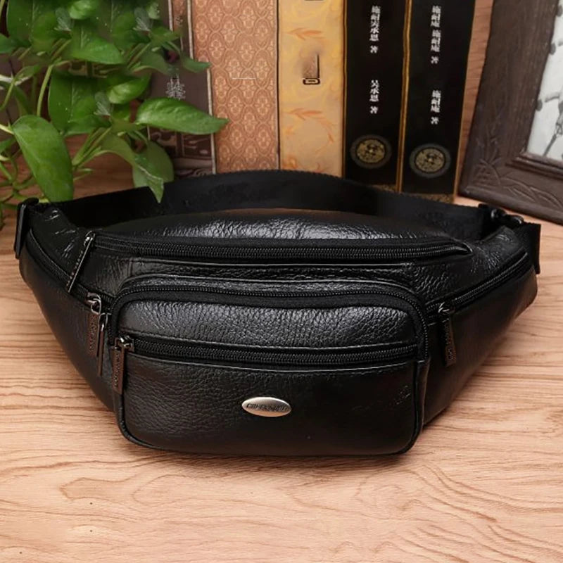 Genuine Leather Men Waist Fanny Pack Bags Sling Chest Pocket Pouch Travel Hiking Male Real Cowhide Loop Hip Belt Bum Bag