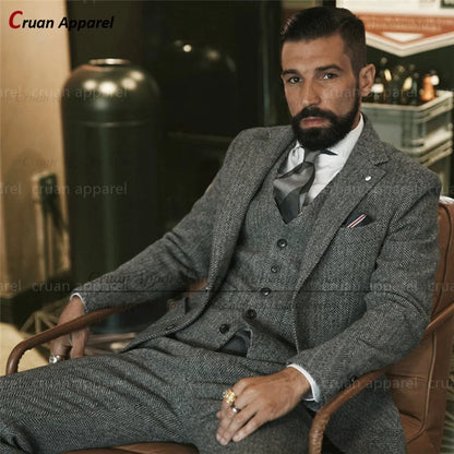 Brown Tweed Suits for Men Slim fit Classic Herringbone Businees Wedding Vintage Tuxedo Tailor-made Blazer Vest Pants 3 Piece Set