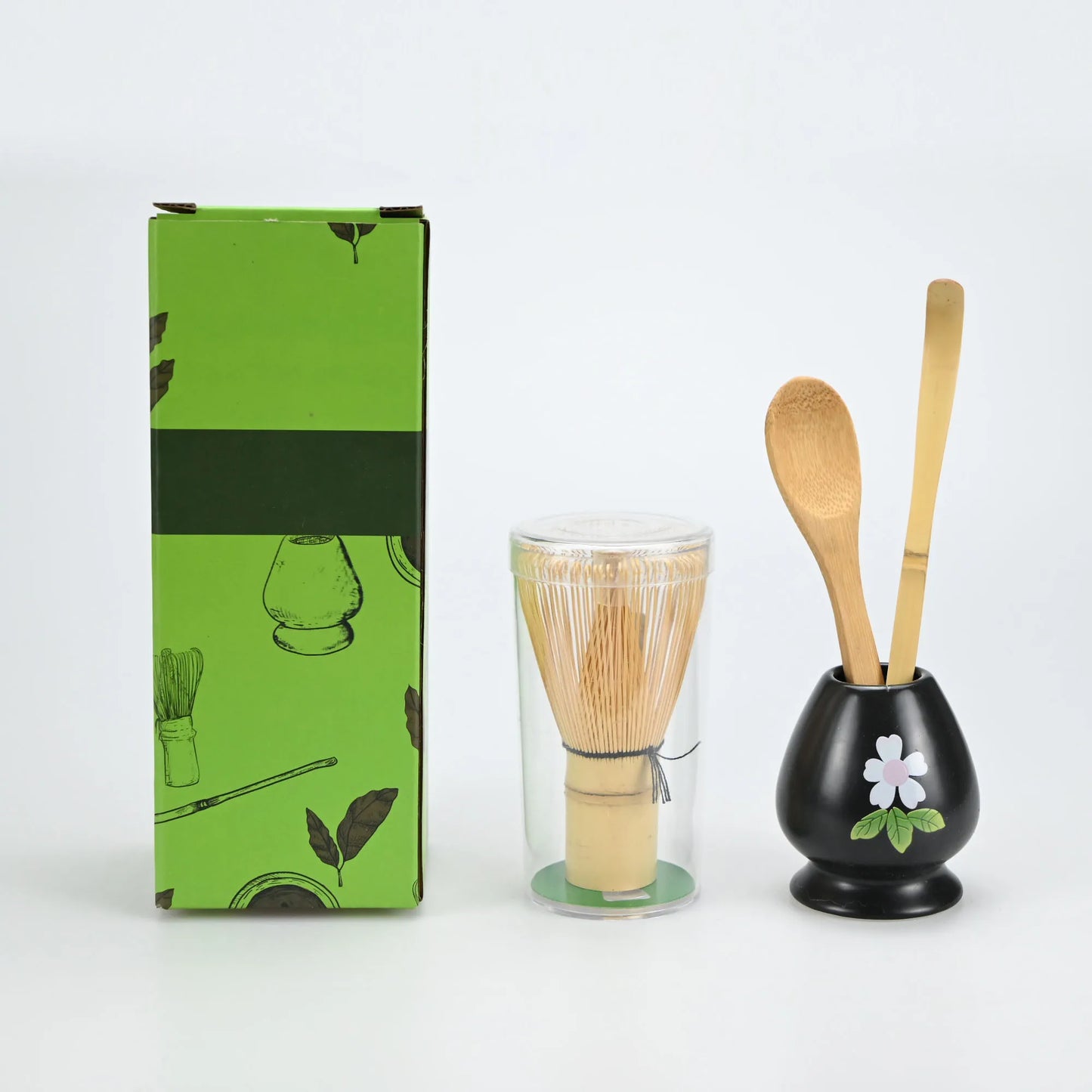 4pcs/set Matcha Set Bamboo Whisk Tea spoon Ceramic fittings Matcha Whisk (Chasen) Tea Spoon And Scoop (Chashaku) Tea-making Tool