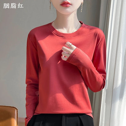 Spring Autumn 100% Cotton Long-Sleeved T-Shirt Women's Round Neck Mercerized Cotton Bottoming Shirt Loose Top