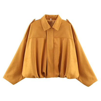 RAFZNB Women's Bomber Jackets Coats Fashion Turn-down Collar Long Sleeve Loose Coats Vintage Female Outerwear Chic Tops