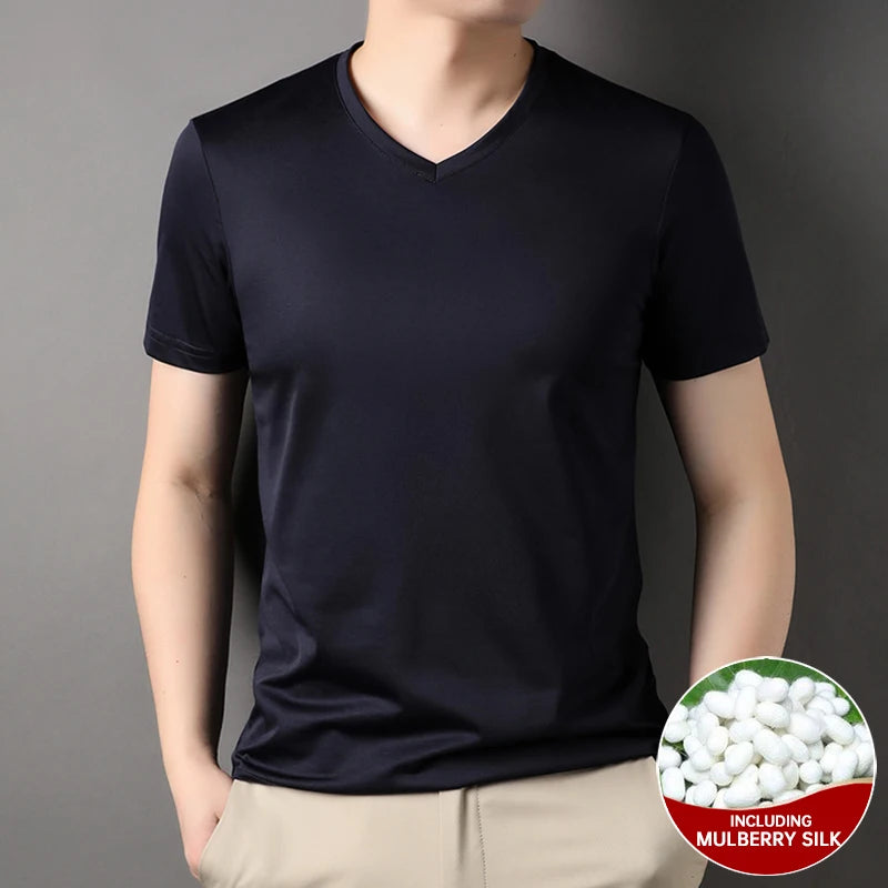 Top Grade 1.7% Mulberry Silk New Summer Brand Tops V Neck t Shirts For Men 2025 Short Sleeve Casual Fashion Mens Clothing