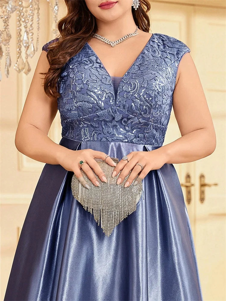 Plus Size Luxury Satin Sleeveless Evening Dress Elegant Long Sequin Splice A-line Formal Wedding Party Cocktail Gowns