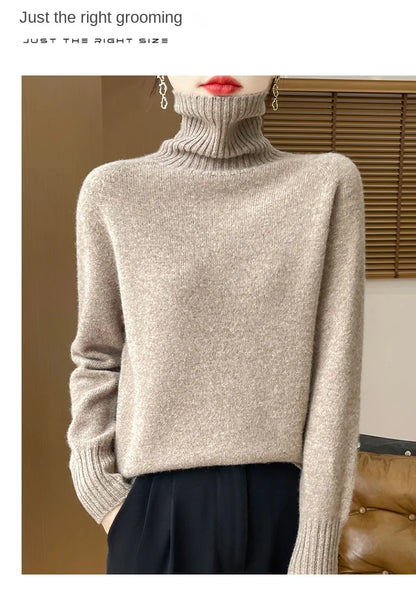 Women's Clothing New Fashion Autumn And Winter Merino Wool Pullover Solid Color Long Sleeve Basic Thermal Top 100% Wool Sweater