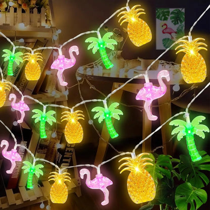 1PC 10/20 LED Flamingo Pineapple Palm Tree String Lights Battery Operated Tropical Beach Hawaiian Fairy Atmosphere Lights