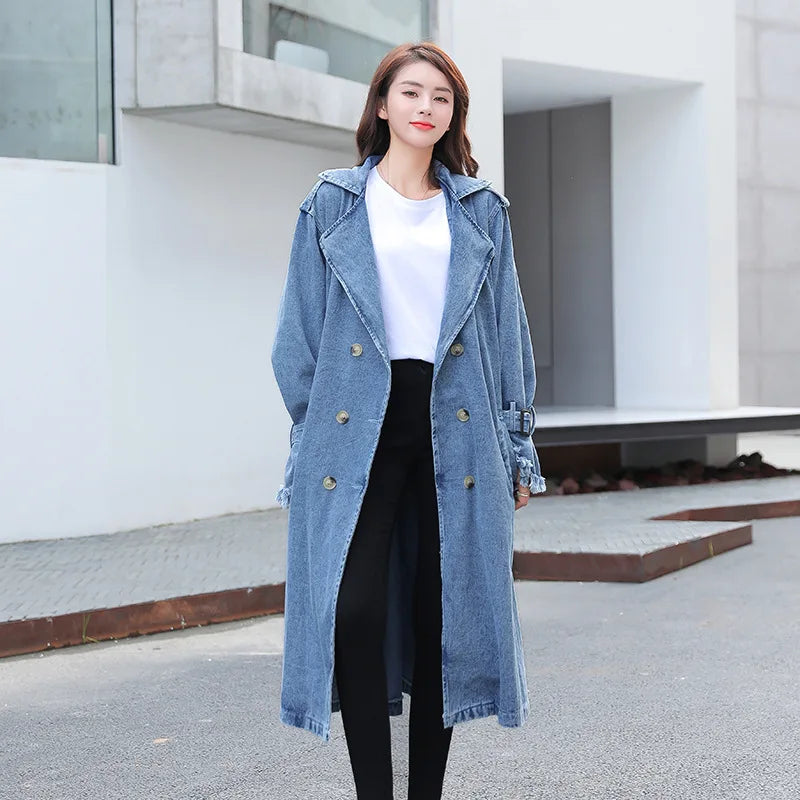 2025 Women's Denim Trench Coat Autumn Double Breasted Belted Casual Jean Overcoat Loose Long Windbreaker Jacket Couple Models