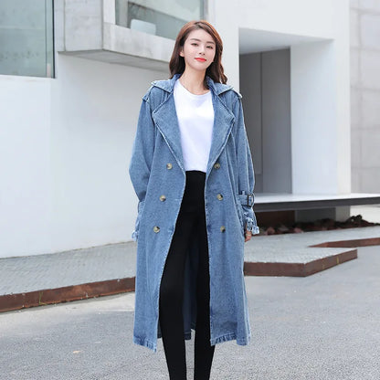 2025 Women's Denim Trench Coat Autumn Double Breasted Belted Casual Jean Overcoat Loose Long Windbreaker Jacket Couple Models