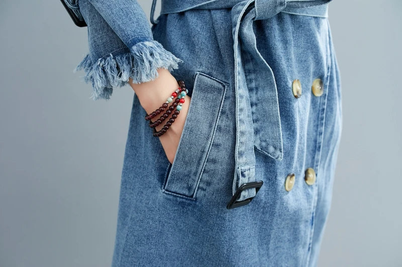 2025 Women's Denim Trench Coat Autumn Double Breasted Belted Casual Jean Overcoat Loose Long Windbreaker Jacket Couple Models