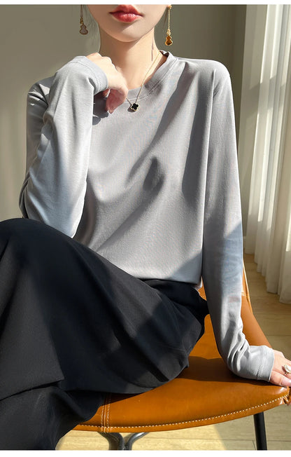 Spring Autumn 100% Cotton Long-Sleeved T-Shirt Women's Round Neck Mercerized Cotton Bottoming Shirt Loose Top