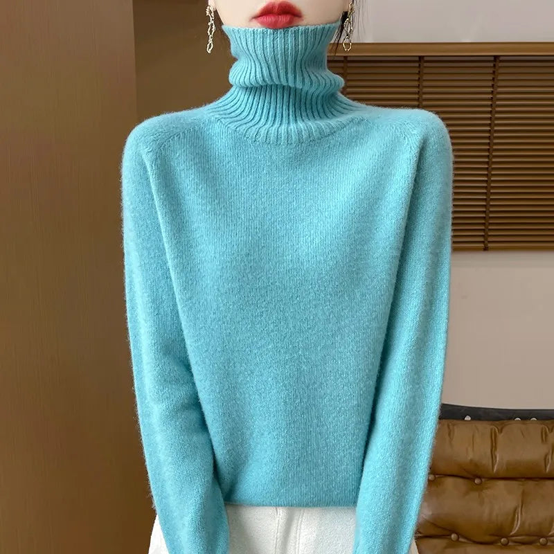 Women's Clothing New Fashion Autumn And Winter Merino Wool Pullover Solid Color Long Sleeve Basic Thermal Top 100% Wool Sweater