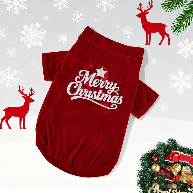 Christmas Velvet Dog Sweatshirt, “Merry Christmas” Print, Warm Soft Pullover, Red/Green, Sizes S–6XL for Small to Large Dogs