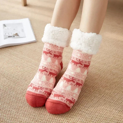 Fuzzy Fluffy Sock Women Winter Christmas Gift Warm Plush Non slip Home Sleeping Soft Female Floor Thermal Slipper Sock Snowflake