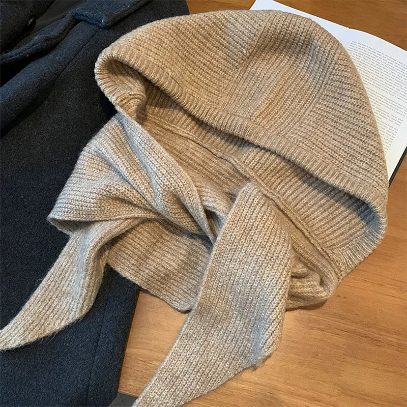 Korean Balaclava Bonnet Women Skullies Beanies Hat Scarf One-piece Thickened Warm Neck Protection Winter Accessories Knitted Law