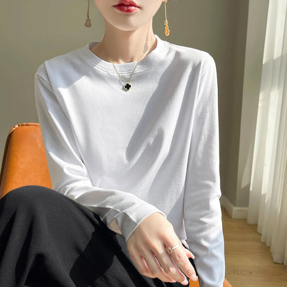 Spring Autumn 100% Cotton Long-Sleeved T-Shirt Women's Round Neck Mercerized Cotton Bottoming Shirt Loose Top