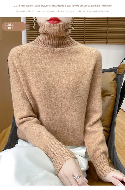 Women's Clothing New Fashion Autumn And Winter Merino Wool Pullover Solid Color Long Sleeve Basic Thermal Top 100% Wool Sweater
