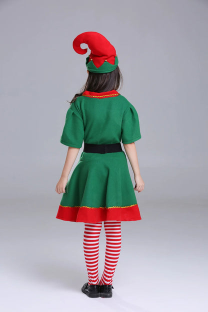 2025 Christmas Elf Costume Girls Xmas Santa Claus Green Elf Dress For Kids Adults Family Matching Outfits Cosplay Clothing