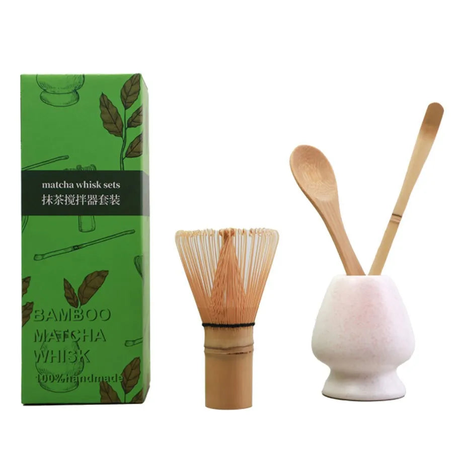 4pcs/set Matcha Set Bamboo Whisk Tea spoon Ceramic fittings Matcha Whisk (Chasen) Tea Spoon And Scoop (Chashaku) Tea-making Tool
