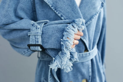 2025 Women's Denim Trench Coat Autumn Double Breasted Belted Casual Jean Overcoat Loose Long Windbreaker Jacket Couple Models