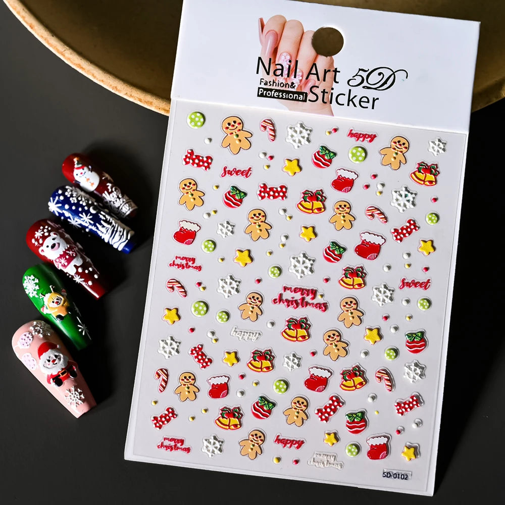 Cute Deer Christmas Nail Stickers 5D Embossed Elk Star Gingerbread Man Snowflake Santa Claus Holly DIY Winter Engraved Manicure*