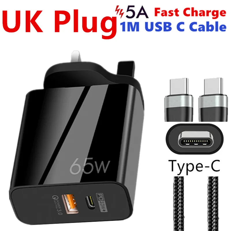 Supercharge USB Type C Cable QC3.0 65W PD fast Charger for Samsung iPhone Xiaomi Huawei Universal Quick Charger