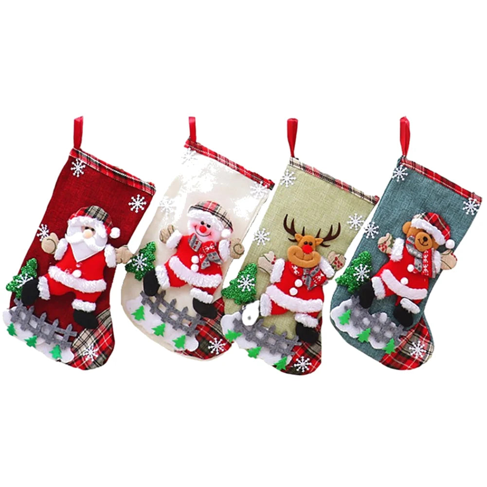 4Pcs Christmas Stockings Set Large Capacity Christmas Ornament Sock Santa Claus/Snowman/Bear/Elk for Home Classroom Party