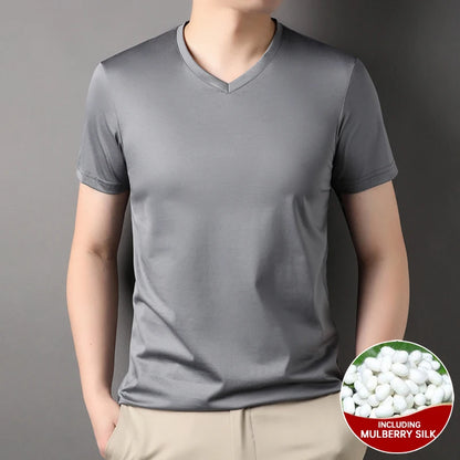 Top Grade 1.7% Mulberry Silk New Summer Brand Tops V Neck t Shirts For Men 2025 Short Sleeve Casual Fashion Mens Clothing