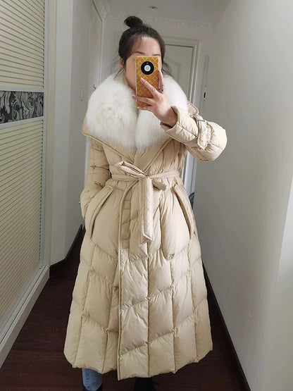 Reality Fur Jacket Women New Winter White Duck Down Coat Warm Long Parkas Real Fox Fur Collar Female Hooded Snow Puffer Coats
