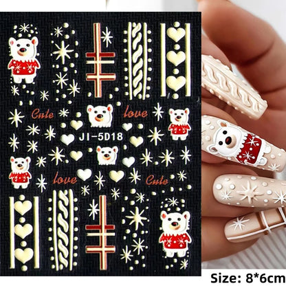 Cute Deer Christmas Nail Stickers 5D Embossed Elk Star Gingerbread Man Snowflake Santa Claus Holly DIY Winter Engraved Manicure*