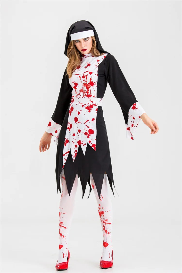 Halloween Costume for Women Nun Costume Cosplay Costumes Vampire Demon Costume Cross Print Long Dress Party Clothes