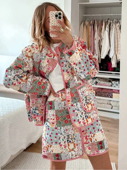 Women’s Quilted Floral Jacket – Vintage Loose Fit Winter Coat