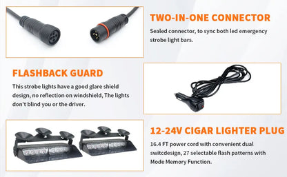 2 in 1 LED Emergency Strobe Lights for Vehicles Front/Rear Windshield with Suction Cups,Dash Deck Safety Flashing Hazard Warning