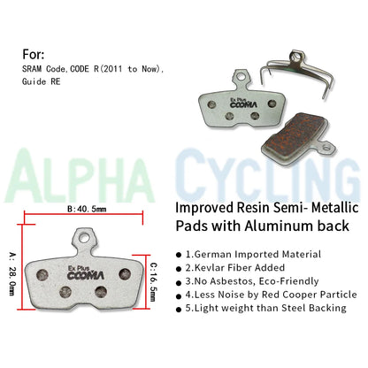 4 Pairs Ex Plus Bicycle Disc Brake Pads For AVID SRAM DB8 Code 2011+ Code R Guide RE Caliper, Alu-Alloy Improved Resin