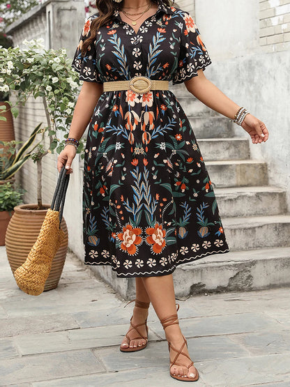 Women Plus Size V-Neck Maxi Dress Elegant Floral Print Short Sleeve Bohemian Party Dress for Summer Beach Wedding Guest