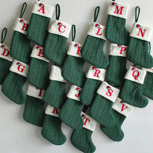 Green A-Z Letter Hanging Christmas Stockings Monogram Knitted Socks Fireplace Christmas Tree Hanging Party Decoration