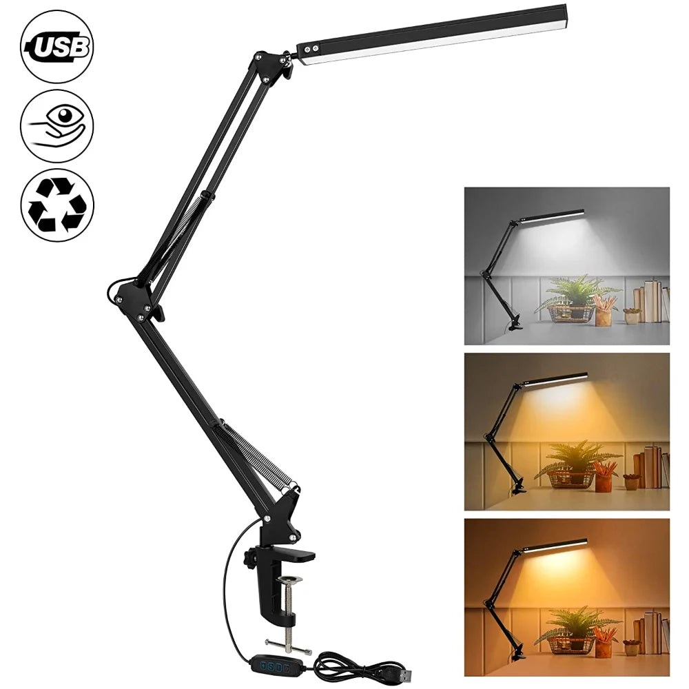 10W LED Desk Lamp with Clamp Swing Arm Eye-Caring Dimmable Desk Light 10 Brightness Levels 3 Modes USB Charging