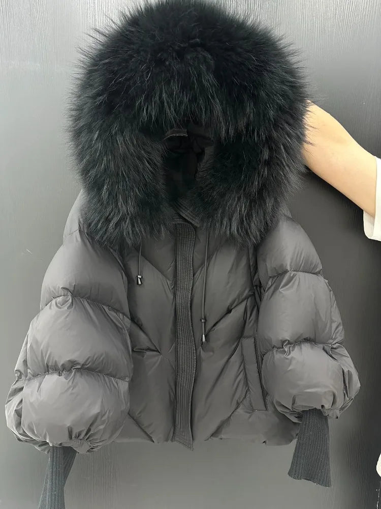 OFTBUY 2025 New Winter Large Real Fur Hooded Puffer Jacket Women Thicken Warm Knitted Sleeve Coat White Duck Down Mid Long Parka