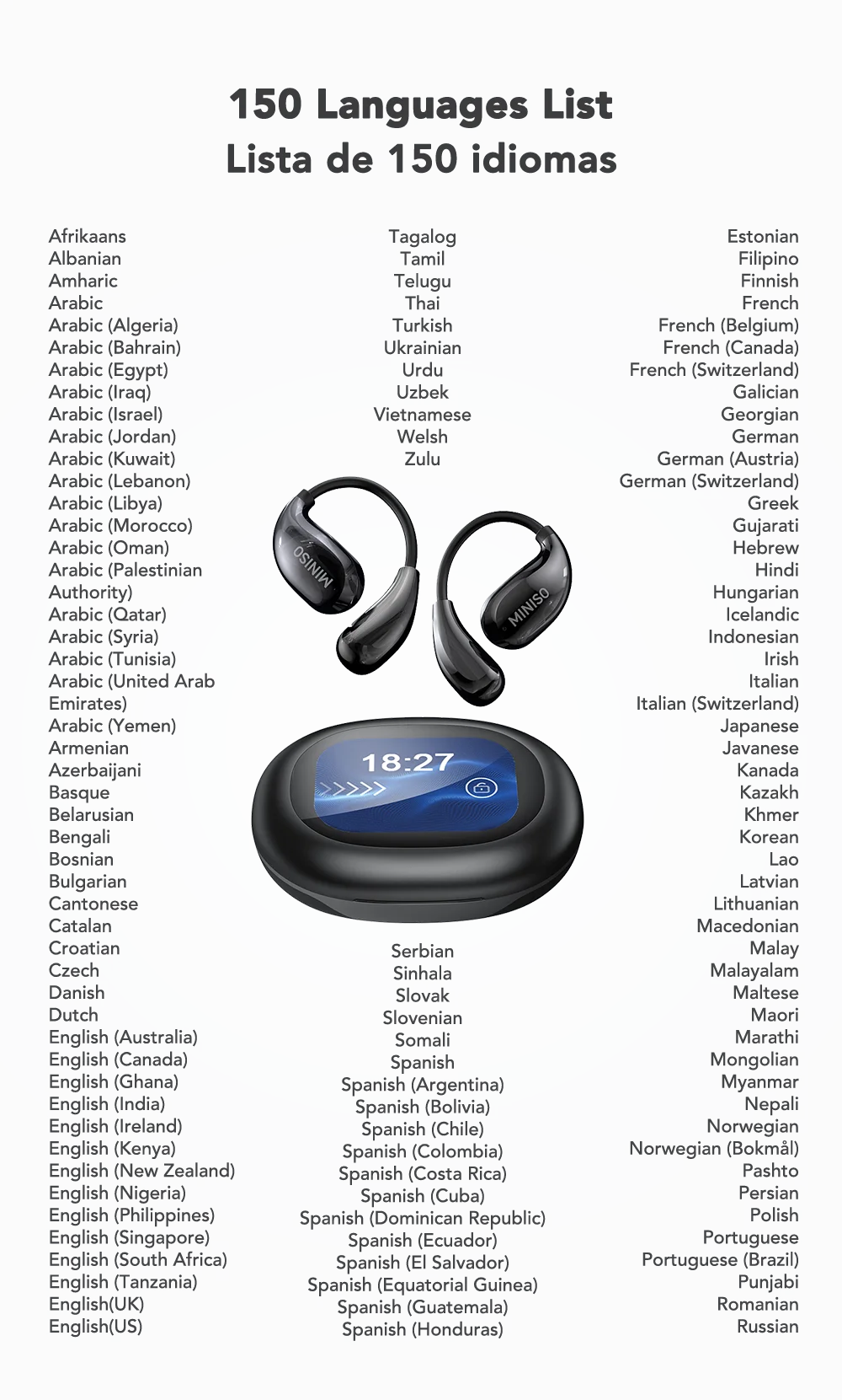 Miniso MS189 AI Translation Bluetooth Earphones Sports Wireless Headset LCD Color Touch Screen 8-Hour Battery Life Stereo Bass
