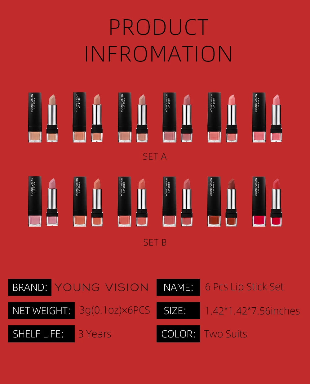 6 pcs /set matte lipstick gift box set non stick cup lipstick velvet moisturizing lipstick