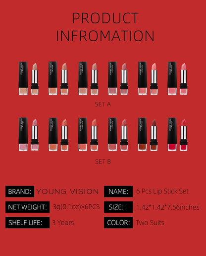 6 pcs /set matte lipstick gift box set non stick cup lipstick velvet moisturizing lipstick