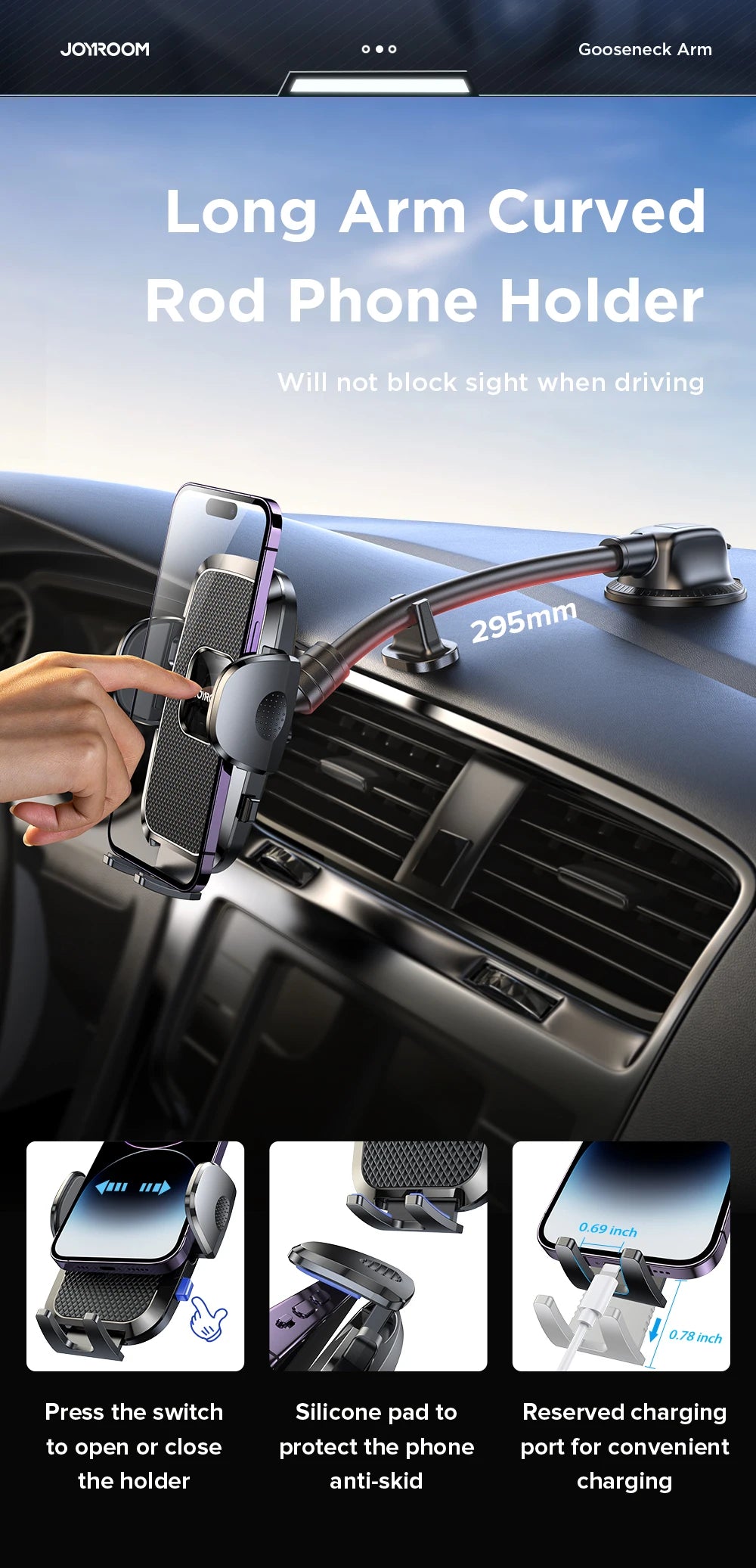 Joyroom 360° Long Arm Car Phone Holder Universal Air Vent GPS Stand Rotating Dashboard Mobile Cell Support For iPhone Samsung