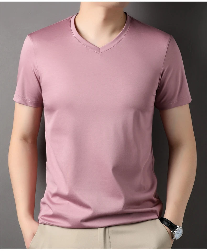 Top Grade 1.7% Mulberry Silk New Summer Brand Tops V Neck t Shirts For Men 2025 Short Sleeve Casual Fashion Mens Clothing