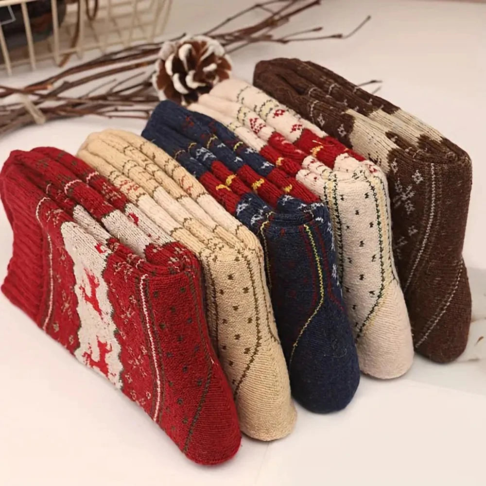 5/10 Pairs Deer Patterned Women Printed Thick Socks Suitable For Warm Soft Comfortable Christmas Stockings Autumn Winter Socks