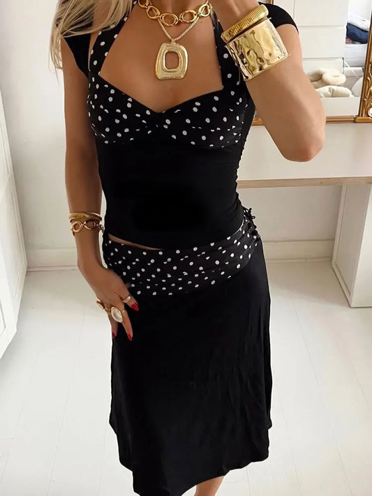 Tossy Women's Patchwork 2-Piece Set - Lace-Up Crop Top & High Waist Mini Skirt