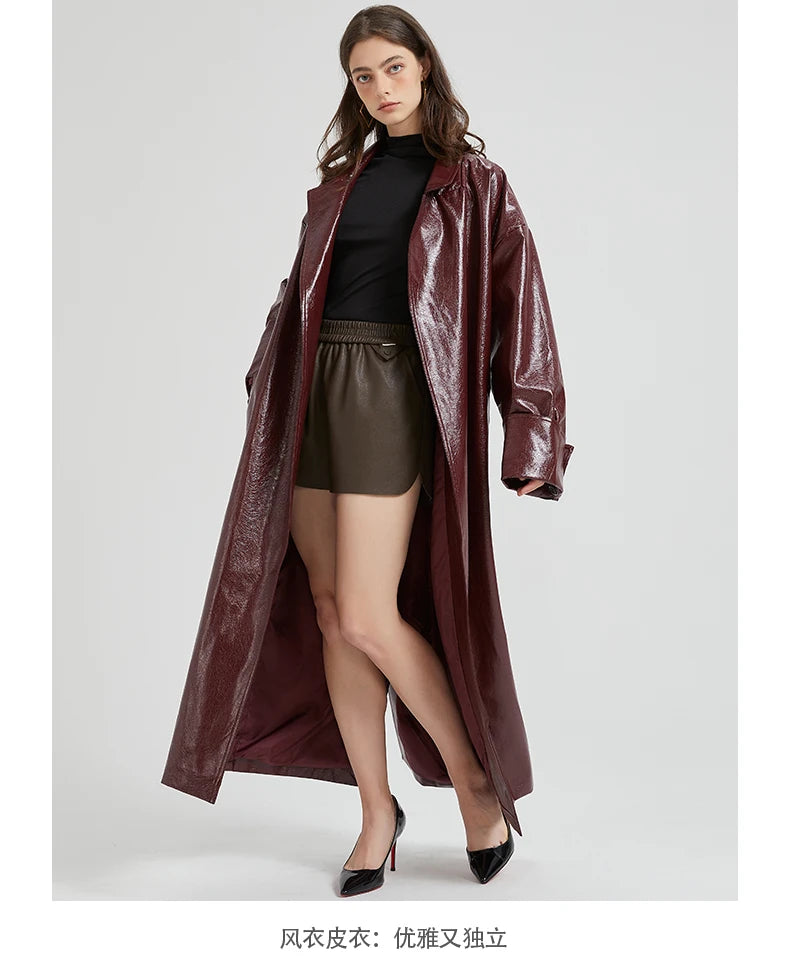 Lautaro Spring Autumn Extra Long Burgundy Pu Leather Trench Coat for Women with Belt Elegant Luxury Designer Maxi Overcoat 2024