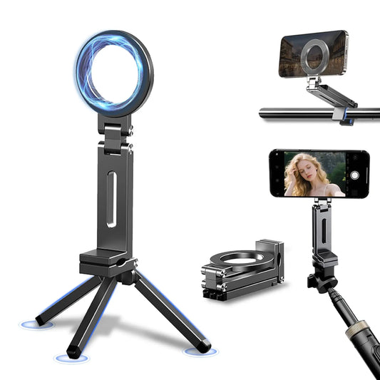Adjustable Magnetic Phone Tripod Stand with 1/4'' Port, Ultra-Light Aluminium Phone Mount for iPhone Series, for Travel, Vlog