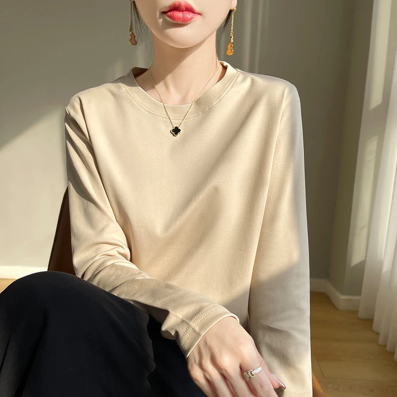 Spring Autumn 100% Cotton Long-Sleeved T-Shirt Women's Round Neck Mercerized Cotton Bottoming Shirt Loose Top