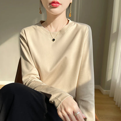 Spring Autumn 100% Cotton Long-Sleeved T-Shirt Women's Round Neck Mercerized Cotton Bottoming Shirt Loose Top