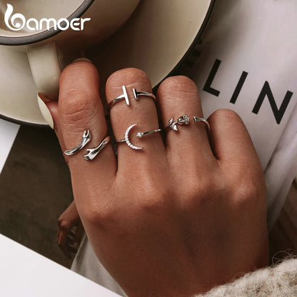 BAMOER 925 Sterling Silver Hug Open Ring Warmth and Love Hand Adjustable for Women Party Jewelry, His Big Loving Family Gift
