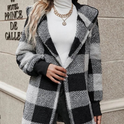 Women Autumn Winter Double Fleece Plaid Cardigan Soft Loose Long Sleeve Plush Warm Hooded Jacket Female Patchwork Outerwear Coat